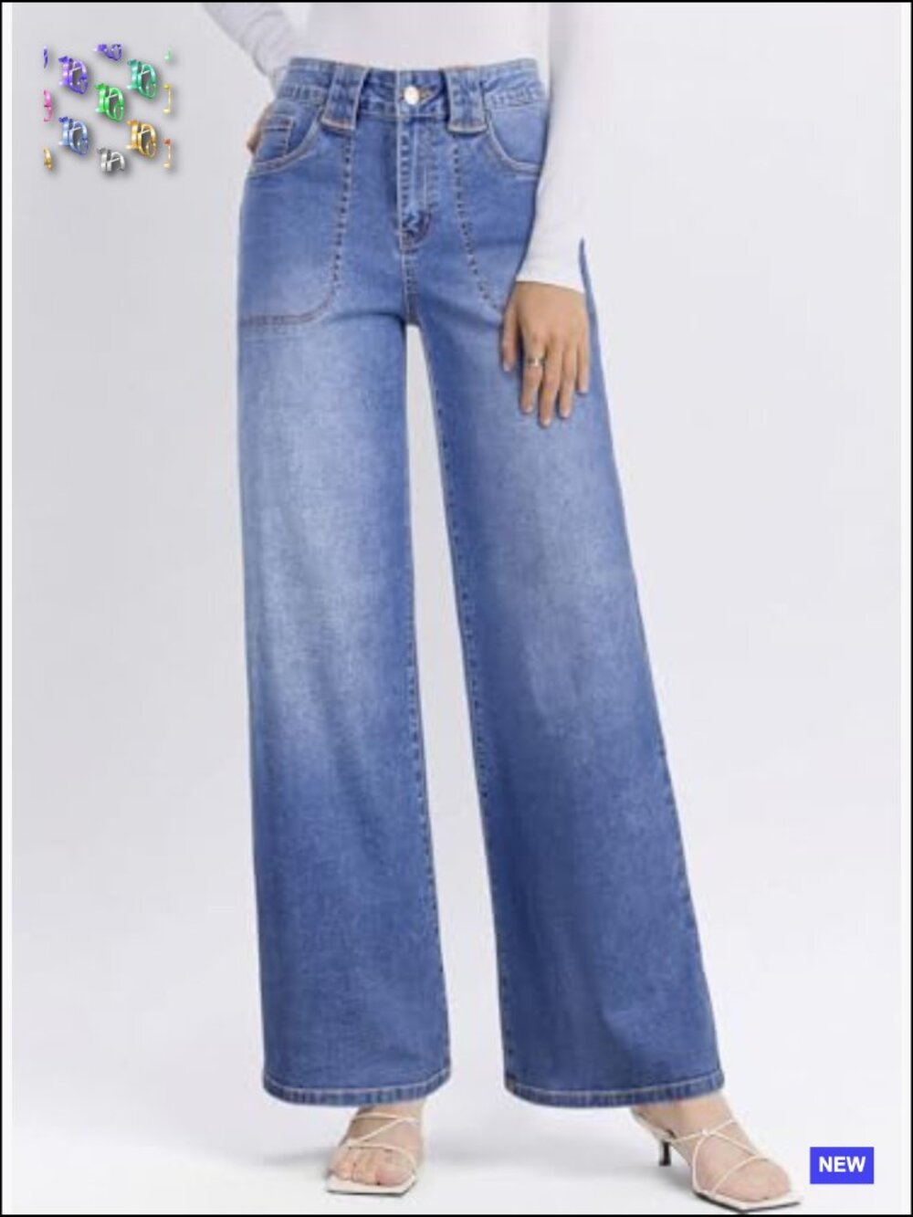 High Waisted Wide Leg Jeans Stretch Denim Pants Front Patch Pockets Retro Y2K - Picture 5 of 7